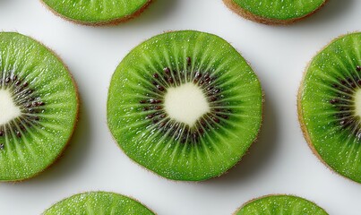 Fototapeta premium A study in green Kiwi circles flat lay on pristine White studio surface, displaying simple beauty