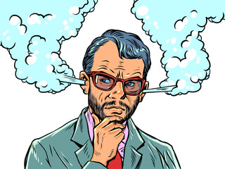 Pop Art Retro Thinking and solving business problems. The man has steam coming out of his ears. Help from a specialist in solving complex problems.