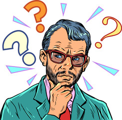 Pop Art Retro Thinking and solving business and scientific problems. Question marks next to a thinking man. Thinking about a future strategy.