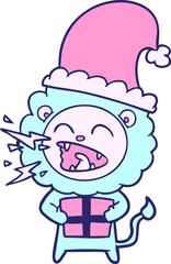 cartoon roaring lion with gift in bright neon color