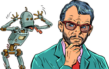 Pop Art Retro Conflict between humans and AI. Artificial intelligence teases humans. Competition between employees and machines.