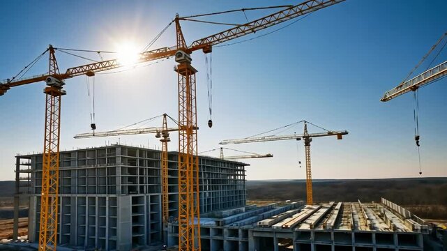 Construction site featuring cranes, building under construction against a blue sky. Industry, architecture.