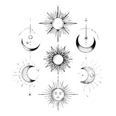 Arrangement of sun and moon illustrations in black and white with celestial elements and cosmic details © Sehrish