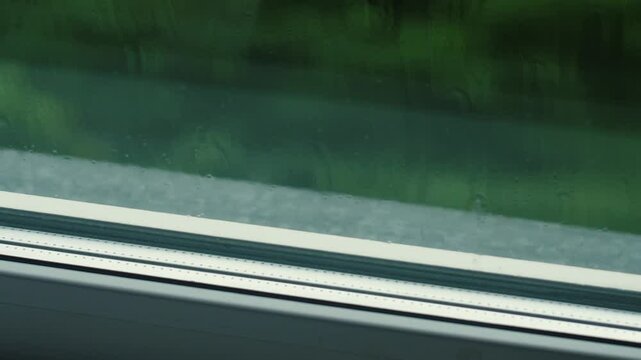 drops of heavy rain fall on the cornice outside the window on a rainy summer day, heavy rain outside the window during the day