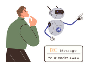 Man thinking as AI robot provides a secure code card message. Ideal for digital security, AI interaction, tech communication, authentication, identity verification, innovation, and futuristic