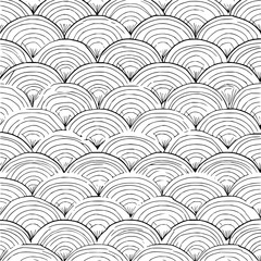 Abstract monochrome pattern featuring overlapping semicircles arranged in a repetitive and stylized design
