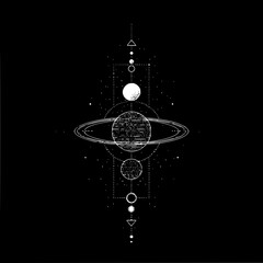 A celestial alignment of planets and geometric shapes in a symmetrical arrangement on black background © Sehrish