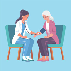 Obraz premium Female Doctor Measuring Blood Pressure of Elderly Patient in Medical Consultation