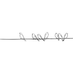 Birds perched on a wire in a simple black and white line drawing against a plain white background scene