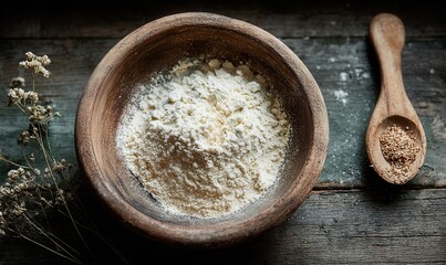 Rustic kitchen still life presenting breading flour mixture on a wooden table at daytime