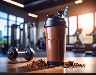 Chocolate Protein Shake in Modern Stylish Gym Environment