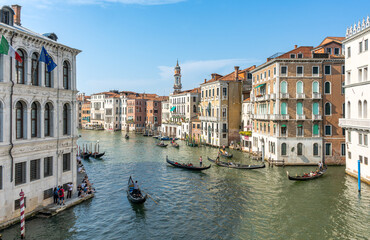 Gondolas on the Grand Canal, Venice, Italy. NE view from the Rialto Bridge (Ponte di Rialto).