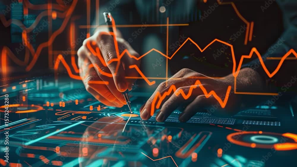 Poster analyzing financial data with futuristic interface and pen, glowing lines and charts