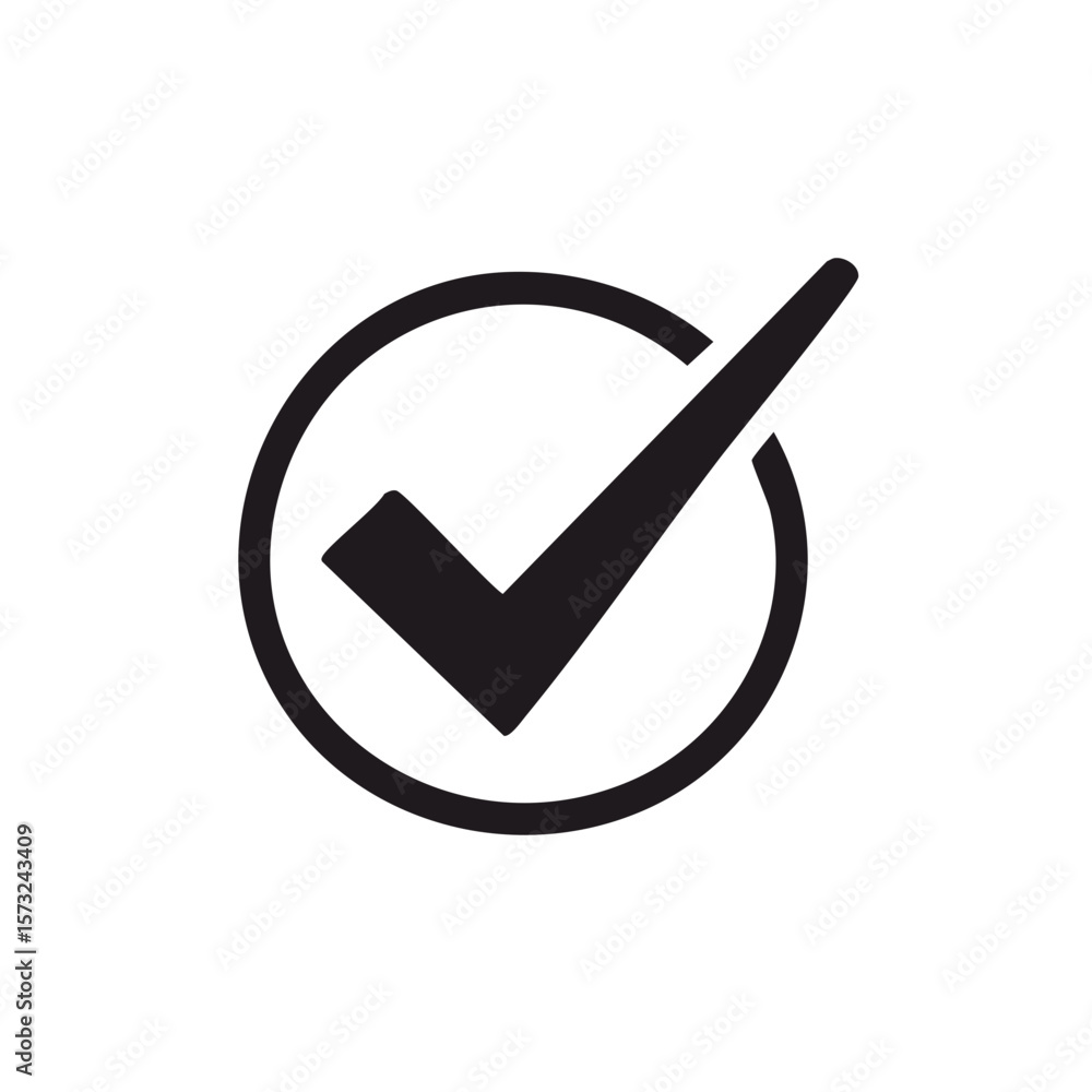 Poster black check mark in circle vector icon isolated on white for graphic design and approval concepts