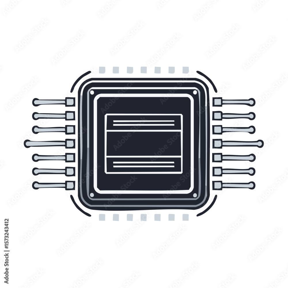 Poster hand-drawn microchip icon with square shape and pins for electronic circuits and processor component