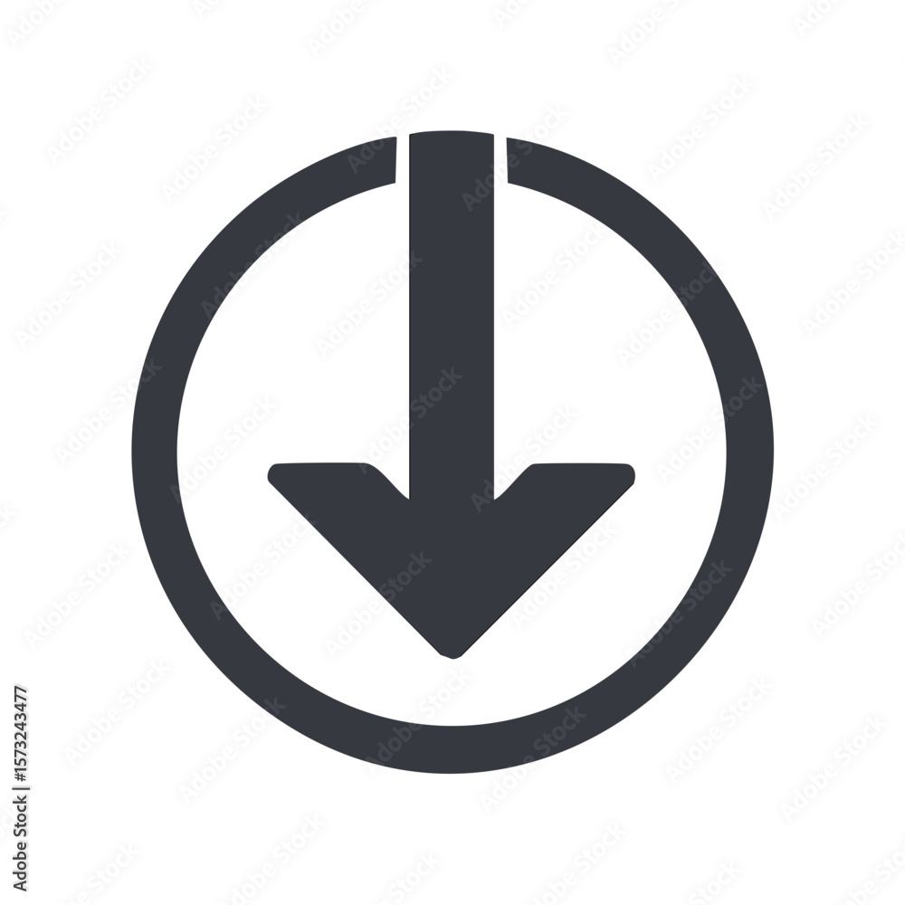 Poster simple arrow symbol pointing downward inside a circular shape for directional or download indication