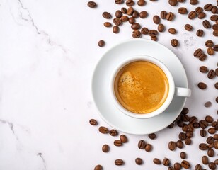 Obraz premium Top view espresso coffee cup with coffee beans