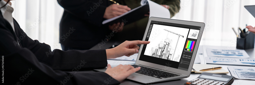 Poster panorama shot analyst team utilizing bi fintech to analyze financial report with laptop. businesspeo