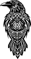 Tribal Raven Tattoo Design with Sacred Geometry – Intricate Black and White Artwork