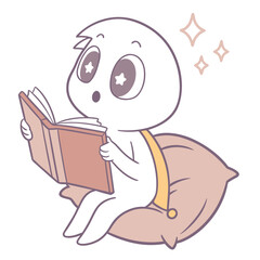 A whimsical character with star eyes reading a book while sitting on a pillow with sparkling accents near