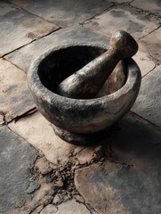 Grinding into the ages ancient stone mortar and pestle sit on weathered kitchen tiles
