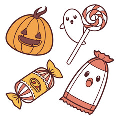 Cute halloween characters including a jack o lantern pumpkin two friendly ghosts and wrapped candies with a swirl lollipop on a white background