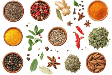 A Culinary Palette: An overhead shot showcasing a vibrant array of herbs and spices in small bowls, a flavorful symphony, offering a taste of the world's finest culinary creations.