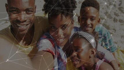 Woman taking smartphone selfie capturing family faces with tech overlay animating across beach - Powered by Adobe