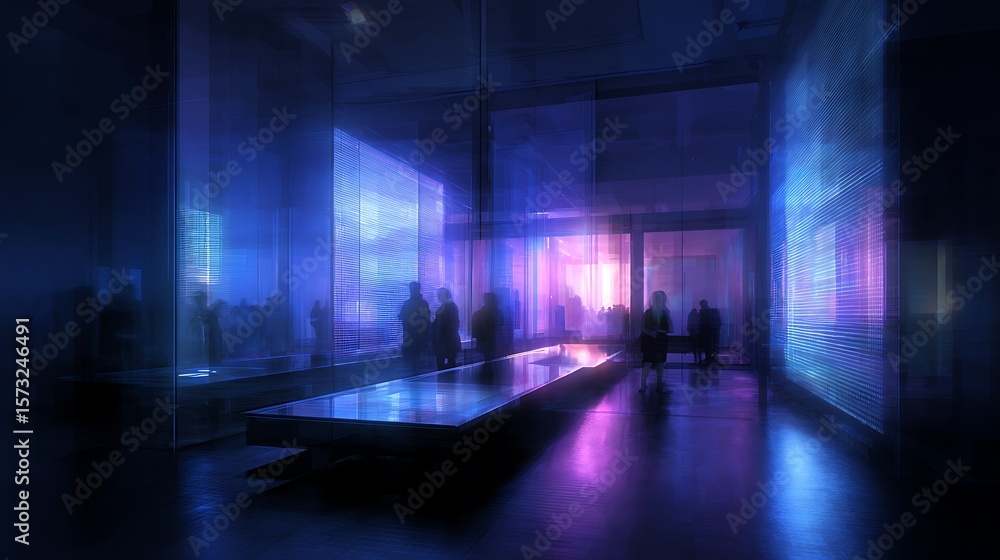 Poster deep-tech observation center where robotic researchers scan glowing light-encoded data streams conti