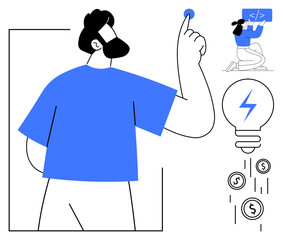 Man pressing a button, woman coding, lightbulb with energy icon, coins dropping. Ideal for creativity, coding, innovation, startup, brainstorming energy efficiency simple landing page
