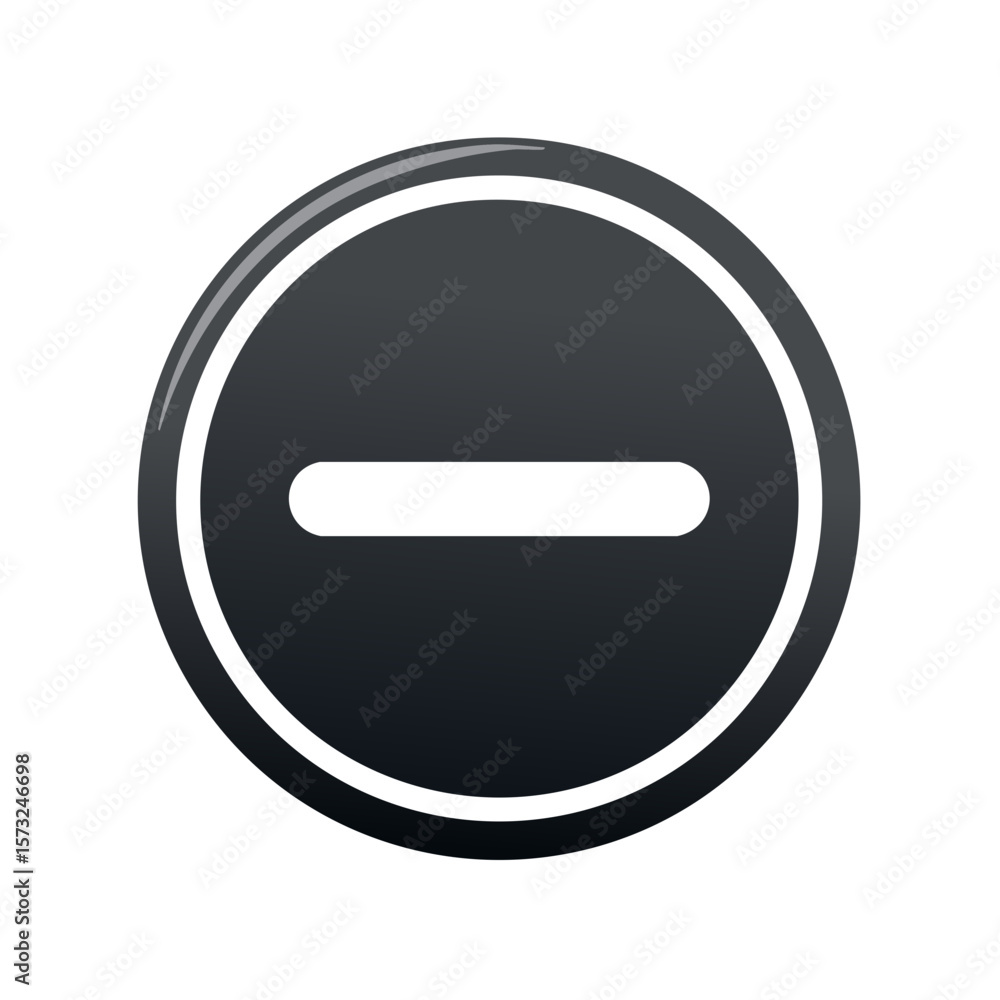Poster remove button: glossy black minus symbol encircled for deactivation or subtraction actions