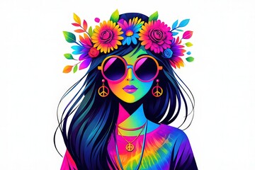 Groovy Hippie Girl with Round Sunglasses and Flower Crown 1960s Retro Style Vector Illustration in Vibrant Flat Design 
