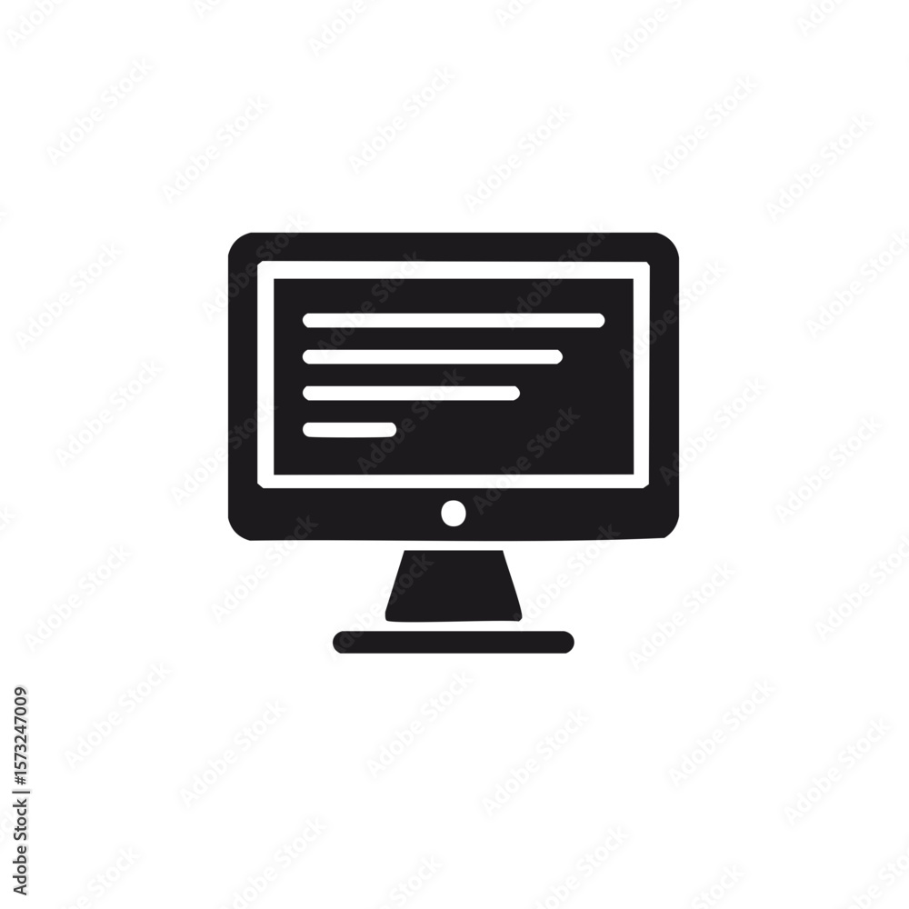 Poster computer screen with text lines, monitor display graphic icon in black