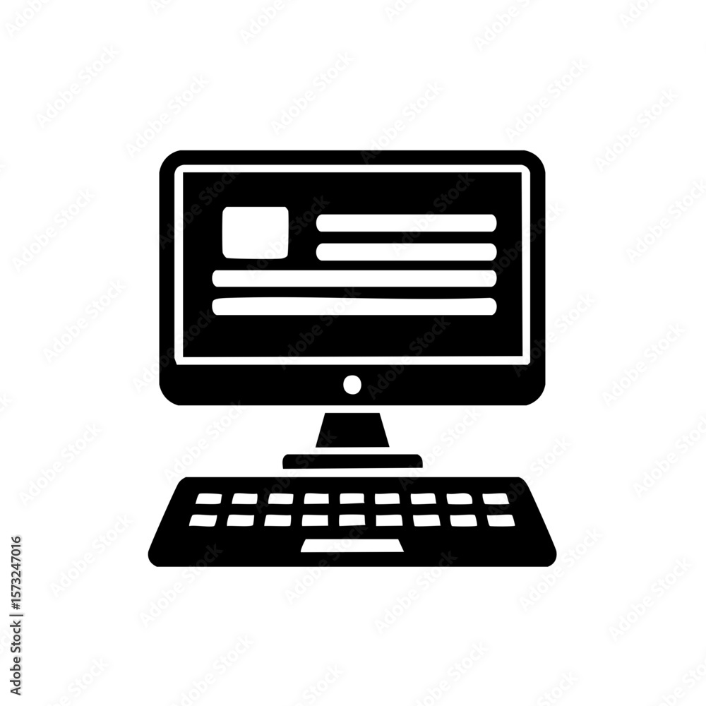 Fototapete Black and White Computer Icon Showing Monitor and Keyboard for Communication or Digital Design