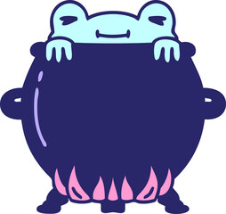 cartoon of a frog bathing in a cauldron in bright neon color