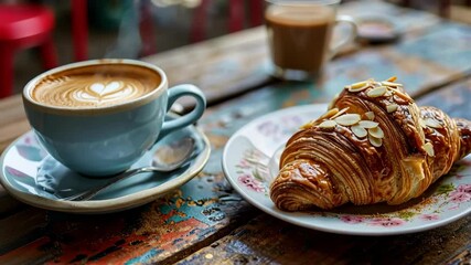Cup of cappuccino coffee with heart latte art and almond croissant on rustic wood table, delicious pastry, coffee break. - Powered by Adobe
