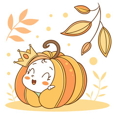 Cartoon baby wearing a crown inside a pumpkin with autumn leaves and dots surrounding the character