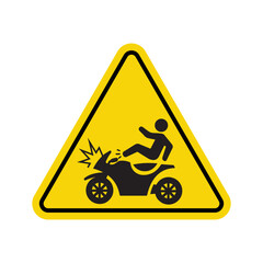 Yellow triangular warning sign depicting a motorcycle rider crash with impact symbol for road safety precaution