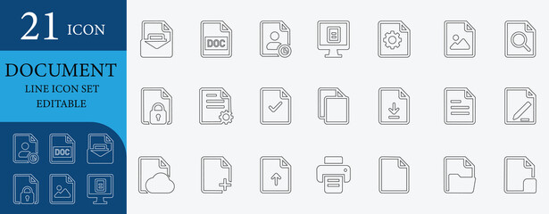 Modern document icon set with file, folder, form, checklist, contract, signature, attachment, editable vector icons for business, office, legal, cloud, upload, download