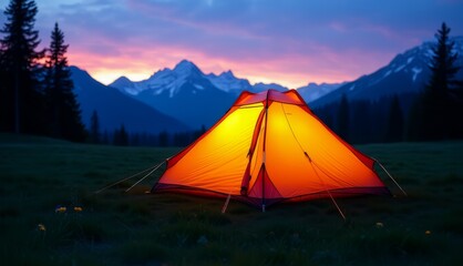  Orange camping tent set up in mountain landscape at sunset