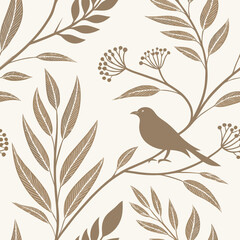 Naklejka premium A seamless repeating pattern with bird silhouettes perched among botanical foliage in earthy beige and brown tones. Perfect for rustic wallpapers, textiles, and nature decor.