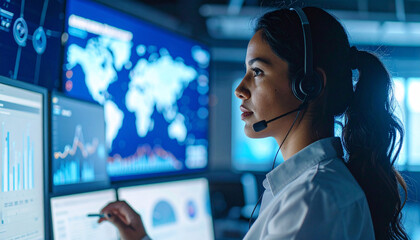 Data Analyst at Work: A focused data analyst, illuminated by the soft glow of multiple monitors displaying a dynamic world map and intricate charts.