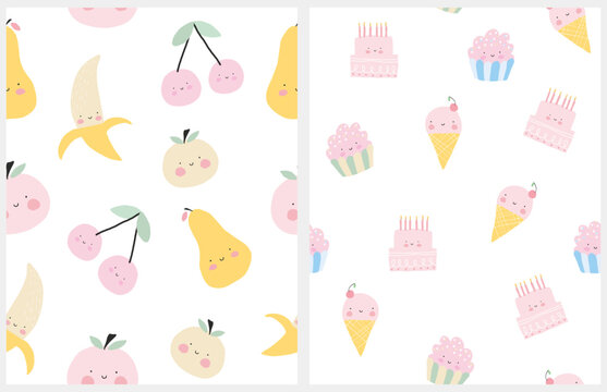 Fototapeta Cute Seamless Vector Pattern With Happy Fruits And Sweets. Hand Drawn Irregular Print With Apples, Pears, Cherries, Bananas, Cakes And Ice Creams On A White Background. Childish Style Kawaii Design.
