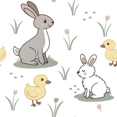 Fototapeta premium Charming seamless pattern of adorable bunnies and ducklings in a spring setting, designed for children’s products, nursery wallpapers, and seasonal decor.
