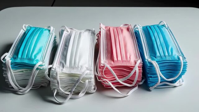 Stacks of colorful surgical masks, white, pink, blue face masks for virus protection.