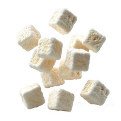 Falling creamy cubes of marshmallow isolated on transparent background