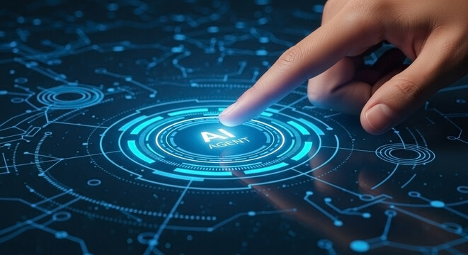 A finger touching a glowing ai agent button on a futuristic interface with circuit board pattern - Powered by Adobe
