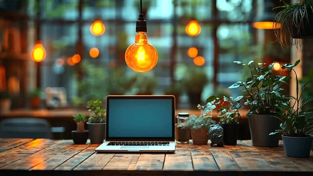 Cozy Workspace Scene: Laptop and Plants on Wooden Table with Hanging Lights backdrop