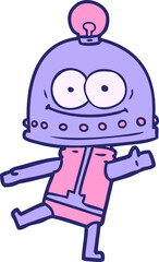 happy carton robot with light bulb in bright neon color