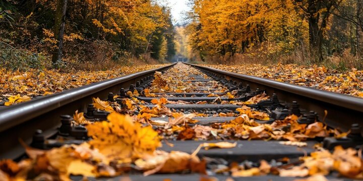 Golden autumn leaves drifting across empty train tracks